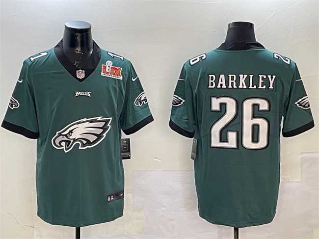 Mens Philadelphia Eagles #26 Saquon Barkley Green 2025 Super Bowl LIX Patch Team Big Logo Vapor Untouchable Limited Stitched Jersey